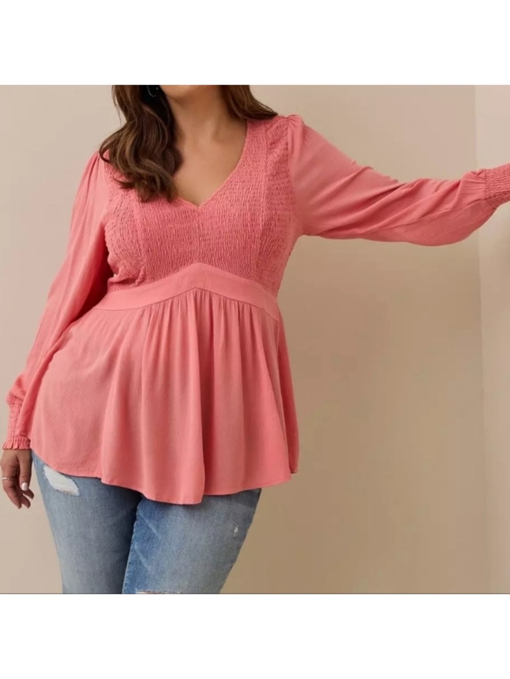 Women's Smocked V-Neck Babydoll Top - Pink